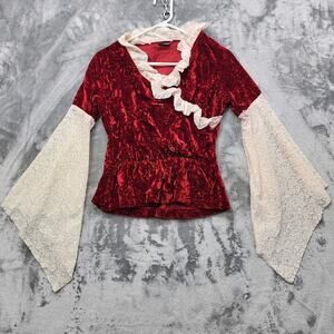 Vintage NTCO Nomadic Traders Top Womens S Red Cream Velvet Lace‎ Bell Sleeves